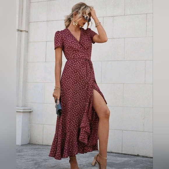 New Boho Floral Wrap Ruffle Maxi Dress Burgundy Red White - Picture 4 of 9